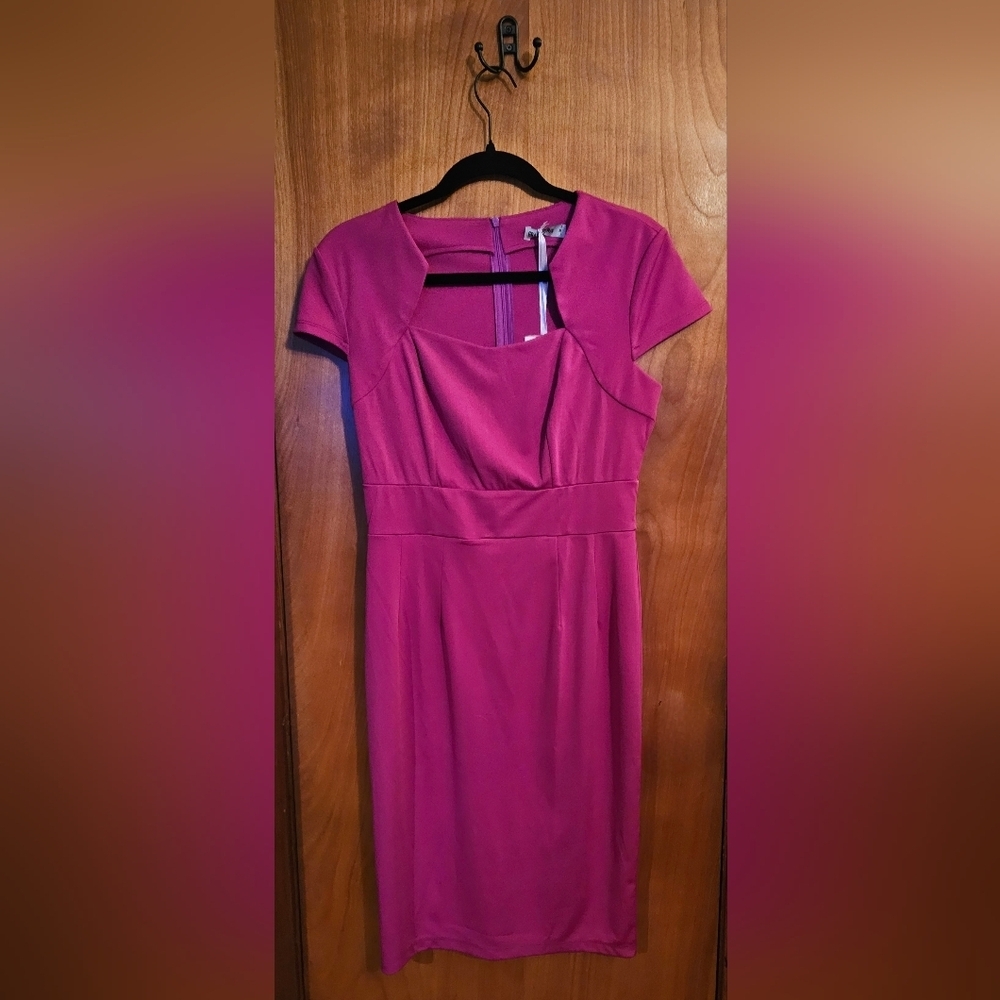 NWT Fuchsia Sheath Dress Square Neck Cap Sleeve Pencil Midi